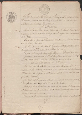 Achat de terres par la famille de Monti. - Vente de terres et de vignes situées au lieu-dit Le Cloître par Mme veuve Louis Praud à M. Edouard de Monti, comte de Rezé : expédition.