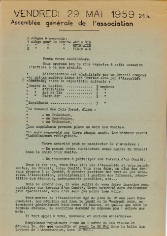 Instances. - Assemblées générales, conseil d'administration, bureaux, réunion : convocation, compte-rendu, rapport d'activité, rapport financier, note, liste des membres du bureau, correspondance.