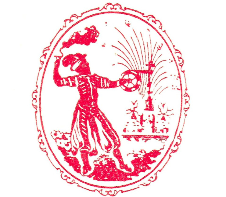 Sceau de la marque Ruggieri représentant un artificier en costume du 16e siècle, extrait d'un courrier à en-tête, 1943 (5I/4 ; AMR)