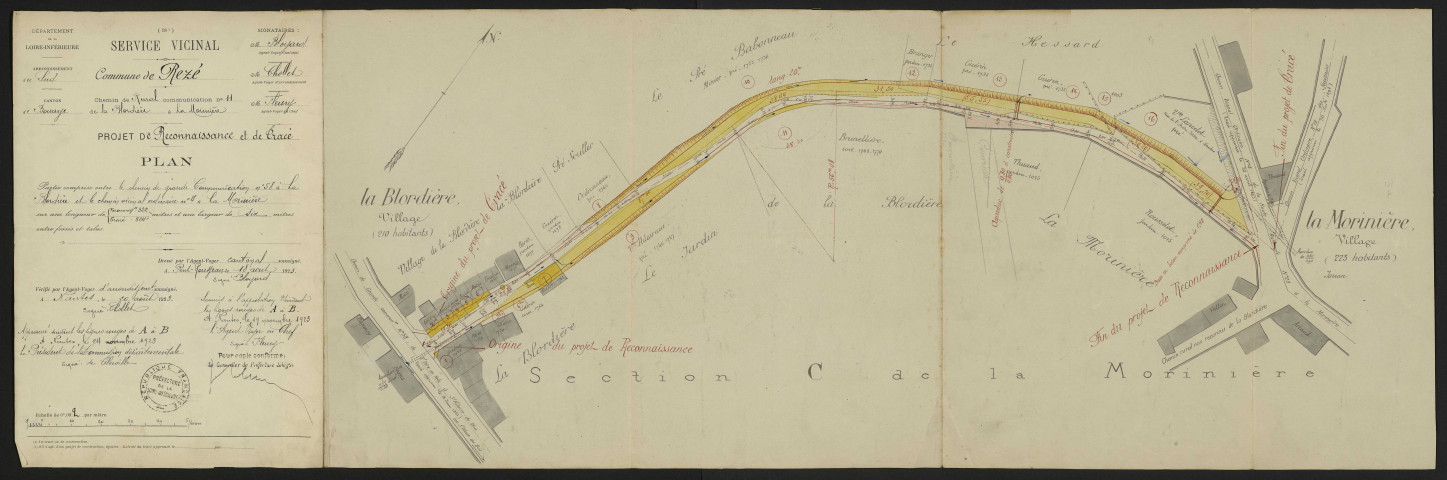 Chemin rural reconnu n°11 de la Blordière à la Morinière. - Acquisition de terrains ; construction ; alignement de voirie : plans, lettres d'offre, actes d'acquisitions, arrêté préfectoral, délibération, état des parcelles à acquérir et leurs propriétaires, devis, procès-verbal d'adjudication des travaux, soumissions, correspondance.