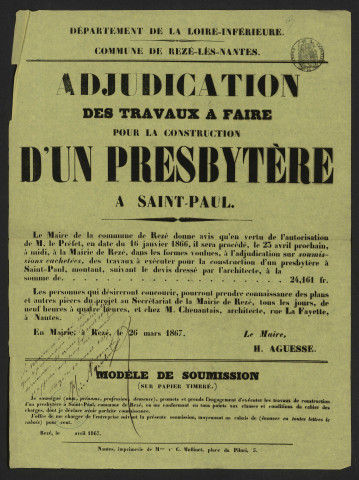 Presbytère Saint-Paul. - Location maison Douaud (1851-1858) ; construction (1863-1871) ; réparation et entretien du presbytère et de la maison du répurgateur (1876-1888) : baux, mémoire de travaux, devis estimatif, plans, correspondance, affiche.