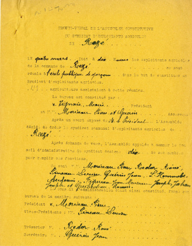 Syndicat d'exploitants agricoles de Rezé. - Constitution : statuts, procès-verbal de l'assemblée générale constitutive du 4 mars 1945.