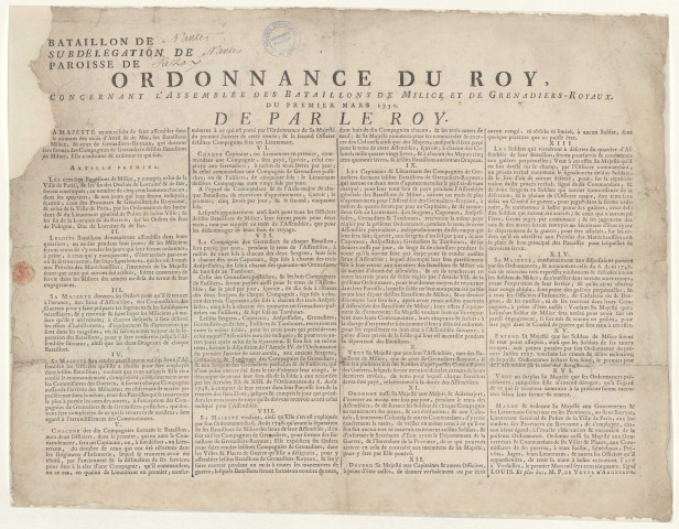 Assemblée des bataillons de Milice et de Grenadiers-Royaux : ordonnance royale.