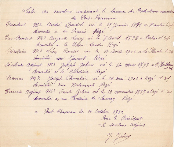 Groupement des producteurs maraîchers de Pont-Rousseau. - Création, organisation et fonctionnement : statuts, carnets de sociétaire, liste des membres du bureau, liste des adhérents.