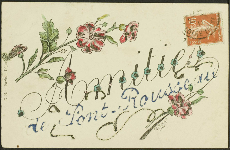 Dessin de fleurs avec l'annotation "Amitiés de Pont-Rousseau"