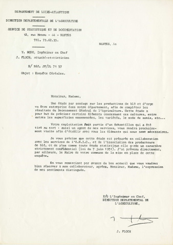 Enquête sur la production de blé et d'orge en Loire-Atlantique. - Demande adressée à la mairie de Rezé par le service de statistiques et de documentation de la direction départementale de l'agriculture : correspondance, fiches de réponse par exploitations.