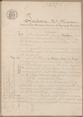 Achat de terres par la famille de Monti. - Vente de planches de vignes situées dans le clos de la Digueraie par Melle Louise Barban à M. Henri de Monti, comte de Rezé : expédition.