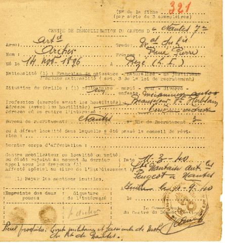 Fiche de démobilisation, décoration, citation à l'ordre de régiment.