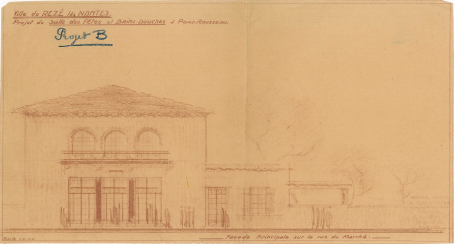 Salle des fêtes. - Construction : programme du concours, projets, procès-verbal d'adjudication, mémoires des travaux, correspondance.
