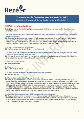 Renée Rolland, entretien : récit de vie.