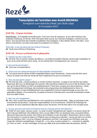 Annick Bruneau, entretien : récit de vie.